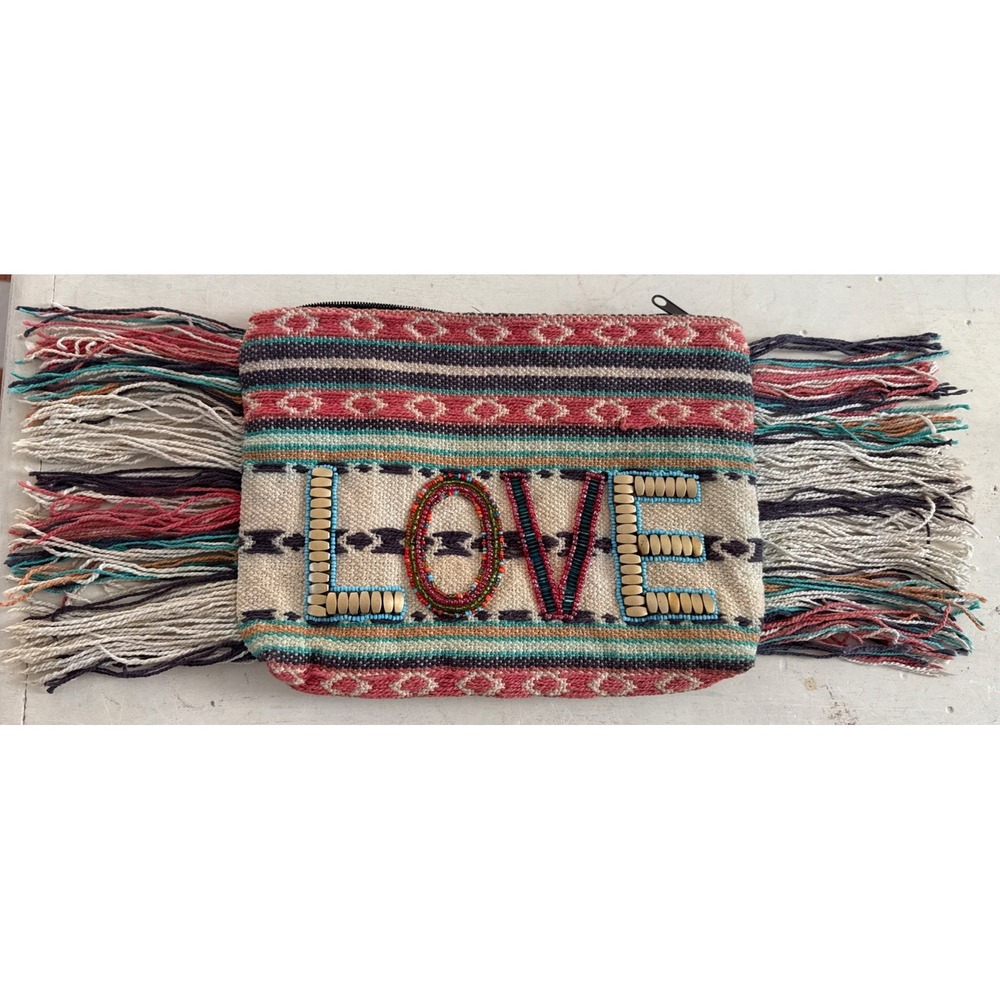 RARE Ale by Alessandra LOVE Fringe Embellished Zip Clutch Purse Handbag Bohemian